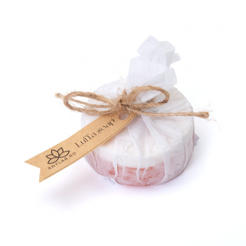 Săpun natural cu parfum floral-citric, cu burete loofah (lufa) și uleiuri esențiale, 60 g :: Roz
