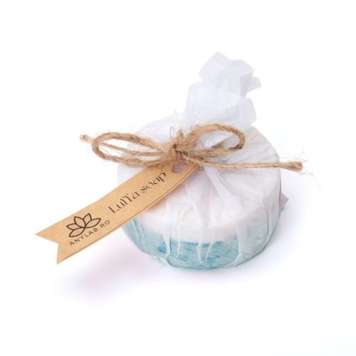 Săpun natural cu parfum floral-citric, cu burete loofah (lufa) și uleiuri esențiale, 60 g :: Albastru